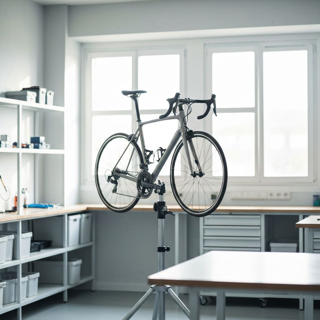 Fahrrad in der Werkstatt auf Montageständer
