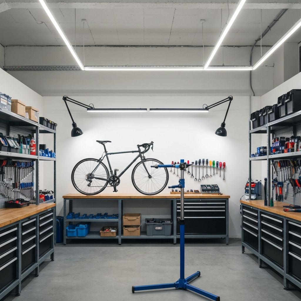 Helles, aufgeräumtes Werkstatt-Interieur mit Fahrrad auf Montageständer